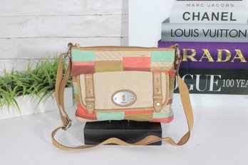 Fossil Patchwork Canvas & Leather Crossbody Bag  Multicolor Pastel Shoulder Purse
