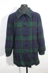 Vintage Green & Navy Plaid Wool Coat  Classic Button-Up Jacket  Size M/L