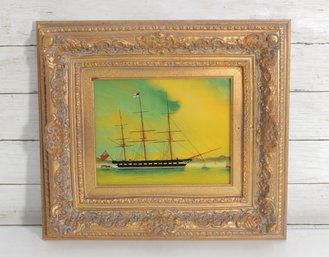 Vintage Framed Ship Painting  Folk Art Style Sailing Vessel  Ornate Gold Frame  15.5' X 17'