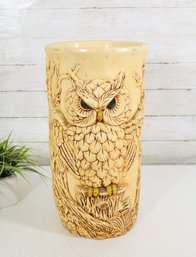 17" X 9" Large Decorative Owl Umbrella Stand – Raised Owl & Woodland Design – Beige Ceramic-Style Floor Va...