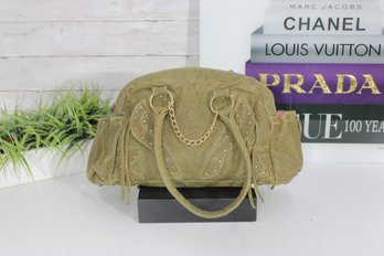 Olive Green Studded Leather Satchel Handbag W/ Gold Chain Detail  Boho Moto Style Purse
