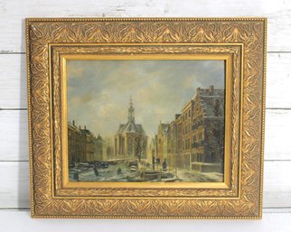 Signed S. Martin Cityscape Painting  European Street Scene With Church  Ornate Frame  12' X 14'