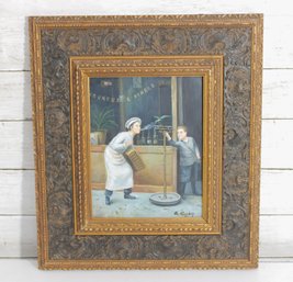 Signed  Genre Painting  Woman & Child Shop Scene  Vintage Framed Art  17' X 15'