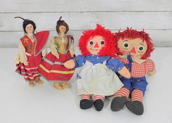 Vintage Raggedy Ann & Andy Dolls  2 International Folk Costume Dolls  Wind-Up & Cloth Doll Lot