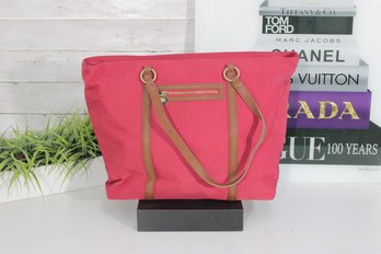 Rioni Pink Canvas Tote Bag W/ Tan Leather Trim  Large Shoulder Handbag