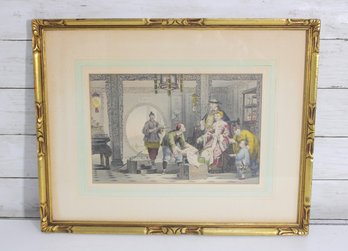 Vintage Framed Chinese Interior Scene Print  Genre Illustration  Gold Frame  15' X 19'
