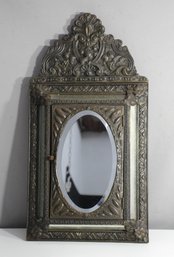 Ornate Antique Wall-Mounted Metal Brush Holder With Mirror