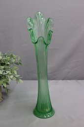 Vintage Uranium Green Glass Ribbed Swung Vase