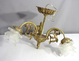 Antique French Rococo Style Brass & Frosted Glass Chandelier - 12' H