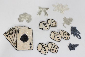 Vintage Sequin & Beaded Appliqu Patch Lot  Playing Cards, Dice, Floral & Leaf Designs  10 Pieces
