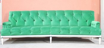 Vintage Curved Tufted Velvet Sofa  Emerald Green With White Trim