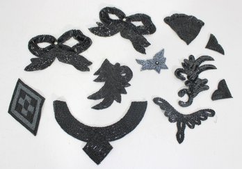 Vintage Black Beaded Sequin Appliqu Patch Lot  Bows, Collar, Birds & Ornamental Designs  10 Pieces