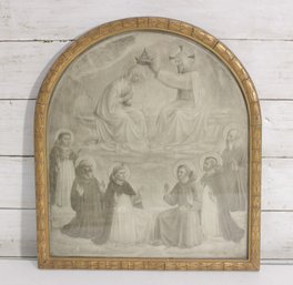 Antique Religious Print  Coronation Of The Virgin  Arched Gilt Frame  Hermann Richter  15' X 13'