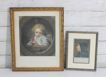 Framed Vintage Print Lot (2)  The Little Sinner Child Portrait & Renaissance Profile  14.5' X 12' & 9' X 7