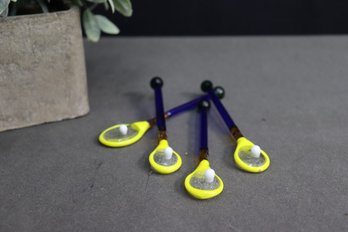 Four Whimsical Colored Art Glass Tennis Raquet And Ball Swizzle Sticks