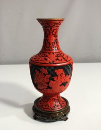 Exquisite Chinese Cinnabar Vase With Detailed Floral Motif And Stand