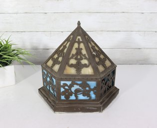 Vintage Gothic / Moorish Style Metal Light Fixture Shade  Slag Glass Panels  One Panel Missing