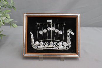 Vintage Original Found Objects Collage Of Viking Sailing Ship, Framed