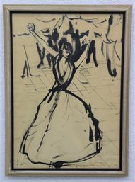 Vintage Original Drawing Ink On Paper, Signed LL, Framed