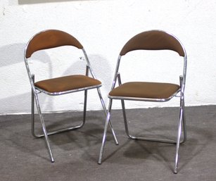 Vintage Chrome And Lucite Folding Chairs With Brown Upholstery  Set Of 2