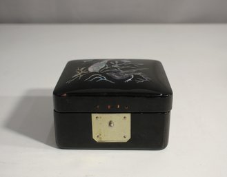 Vintage Korean Lacquer Jewelry Box With Inlaid Bird Design  2.5'h X 4'w