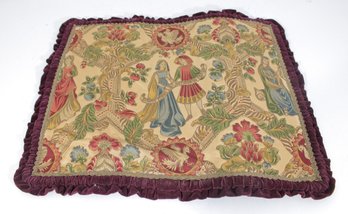 Vintage Tapestry Throw Pillow / Cushion  Medieval Figural Design  Burgundy Velvet Back  21' X 24.5'