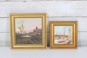 Vintage Hand-Painted Framed Tiles (2)  European Landscape & Paris Scene  6' & 7.5'