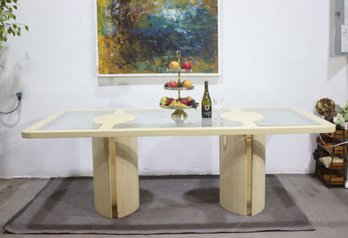Modern Glass & Wood Dining Table  Sculptural Double Pedestal Base