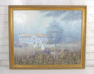 Vintage Sandyamore Framed Painting  Cottage Garden Scene W/ Figures  27.5' X 33.5'