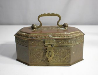 Antique Brass Octagonal Lidded Box With Handle