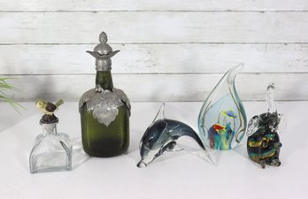 Decorative Art Glass Lot  Bottles, Dolphin Figurine & Hand-Blown Sculptures