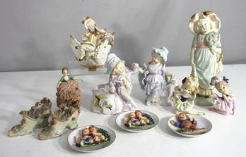 Group Lot Of Vintage Porcelain & Ceramic Figurines  Children, Shoes, & Decorative Plates