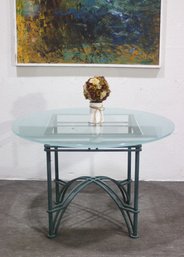 Round Glass-Top Dining Table With Decorative Metal Base