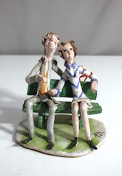 Signed Italian Ceramic Sculpture - Romantic Couple On Park Bench By Poli