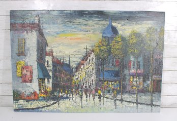Vintage Impressionist Cityscape Oil Painting On Canvas  Paris Street Scene  25' X 27'