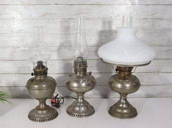 Vintage Oil Lamps Lot (3)  Metal Bases With Glass Chimneys & Milk Glass Shade
