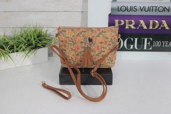 Cork Floral Print Crossbody Tote Bag  Tassel Accent, Lightweight Vegan Cork Shoulder Purse