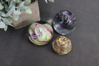 Group Lot Of 3 Multicane Hand Blown Glass Polychrome Paperwights