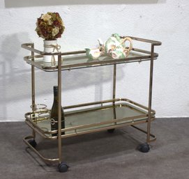 Vintage Mid-Century Brass & Glass Bar Cart  Elegant Rolling Tea Trolley