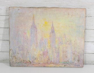 Vintage Impressionist Cityscape Oil Painting On Canvas  Pastel Skyline  16' X 20'