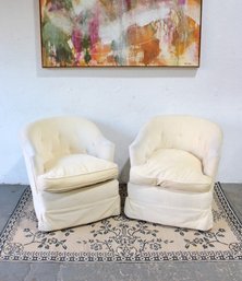 Pair Of Cream Upholstered Barrel Club Chairs  Tufted Accent Chairs 29' X 27' X 21'