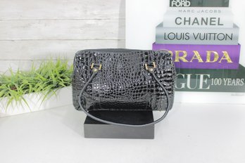 Lord & Taylor Black Croc Embossed Patent Shoulder Bag  Glossy Faux Leather Top Handle Purse