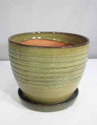 Large 7.5'H X 9.5' Round Glazed Ceramic Planter With Drip Tray  Green & Brown