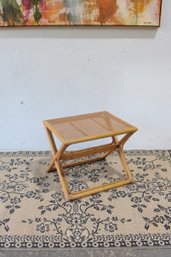 Vintage Rattan & Cane Folding Stool / Side Table  Boho Wicker Accent 22' H