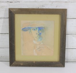 Framed Abstract Portrait Artwork  Pastel Style Figure With Hat  12' X 12'