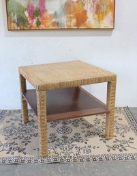 Vintage Woven Rattan Side Table W/ Lower Shelf  Coastal Boho Square Accent Table 32.5'