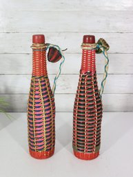 Pair Of Decorative Woven Bottles  Folk Art Style  Colorful Basket Weave  14.5' H