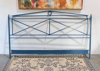 Vintage Full Size Blue Metal Headboard  Geometric Iron Frame W/ Brass Accents 43.5'H