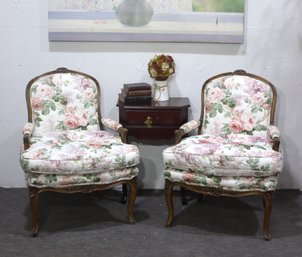 Pair Of Vintage French Louis XV Style Bergre Chairs  Floral Upholstery
