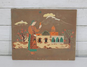 Vintage Etched Enamel On Copper Artwork  Mount Ararat Turkey Scene  Mid-Century Decorative Plaque  10' X 12